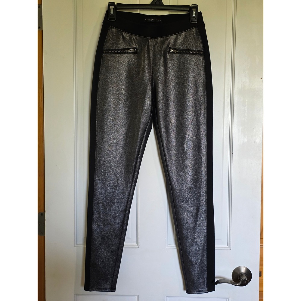 Rock & Republic Womens Metallic Silver Black Tuxedo Leggings Zipper Pockets S